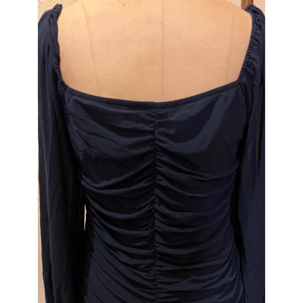 Fashion Square Neck Long Sleeve Ruched Bodycon Dress Blue Size XL - Picture 8 of 12